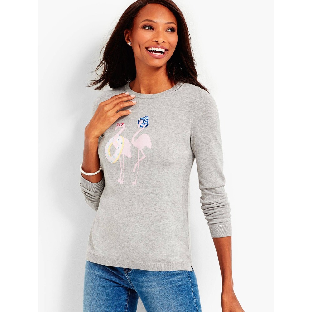Talbots Size Medium Flamingo Sweater Gray Heathered‎ Cotton Rayon Long Sleeves - Picture 2 of 9